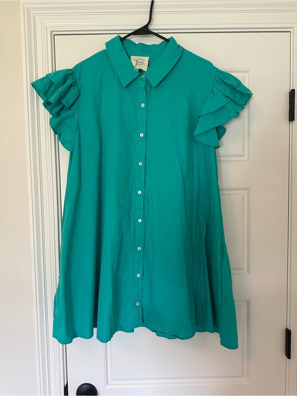 Fantastic Fawn Teal Button-Front Ruffle Sleeve Mini Dress w Sequin Cheers Design